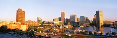 Framed USA, Maryland, Baltimore, High angle view from Federal Hill Parkof Inner Harbor area and skyline Print