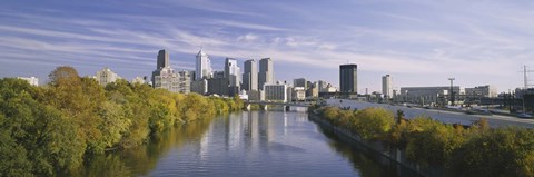 Framed Reflection of buildings in water, Schuylkill River, Northwest Philadelphia, Philadelphia, Pennsylvania, USA Print