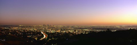 Framed Aerial view of buildings in a city at dusk from Hollywood Hills, Hollywood, City of Los Angeles, California, USA Print