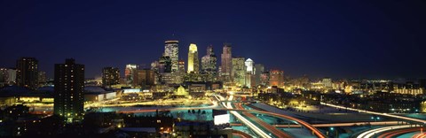 Framed Buildings lit up at night in a city, Minneapolis, Hennepin County, Minnesota, USA Print