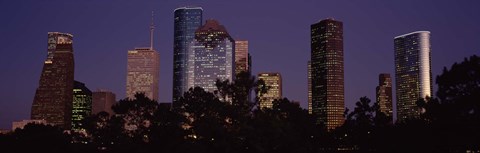 Framed Buildings in a city lit up at dusk, Houston, Harris county, Texas, USA Print