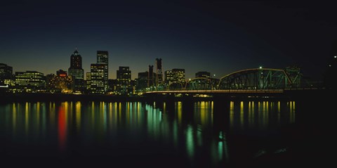 Framed Buildings lit up at night, Willamette River, Portland, Oregon, USA Print