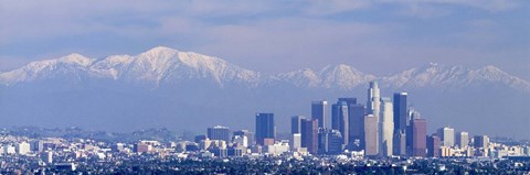 Framed Buildings in a city with snowcapped mountains in the background, San Gabriel Mountains, City of Los Angeles, California, USA Print