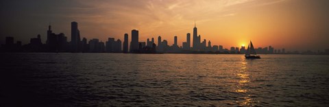Framed Silhouette of buildings at the waterfront, Navy Pier, Chicago, Illinois, USA Print