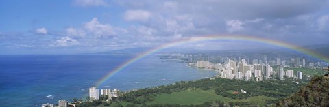 Framed Rainbow Over A City, Waikiki, Honolulu, Oahu, Hawaii, USA Print