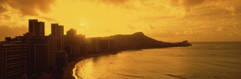 Framed USA, Hawaii, Honolulu, Waikiki Beach, Sunrise view of city and beach Print