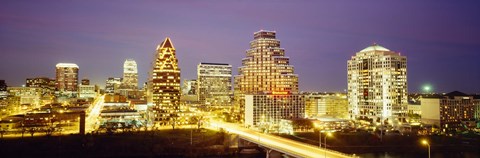 Framed Buildings lit up at dusk, Austin, Texas, USA Print