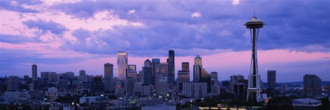 Framed Seattle Skyline with Purple Sky and Clouds Print