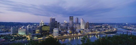 Framed Buildings lit up at night, Monongahela River, Pittsburgh, Pennsylvania, USA Print