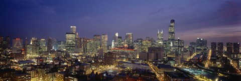 Framed High Angle View Of Buildings Lit Up At Dusk, Chicago, Illinois, USA Print