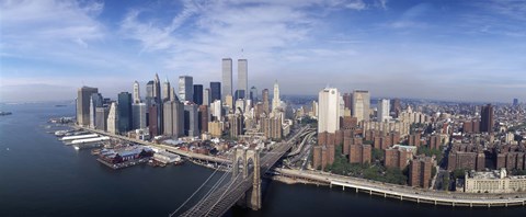 Framed Aerial view of Brooklyn Bridge and Manhattan skyline, New York City, New York State, USA Print