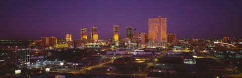 Framed High angle view of skyscrapers lit up at night, Dallas, Texas, USA Print