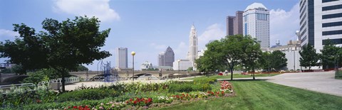 Framed Garden in front of skyscrapers in a city, Scioto River, Columbus, Ohio, USA Print