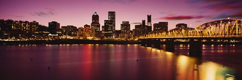 Framed Skyscrapers lit up at sunset, Willamette River, Portland, Oregon, USA Print