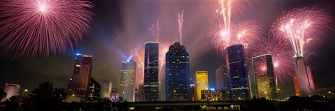 Framed Fireworks Over Buildings In Houston, Texas Print