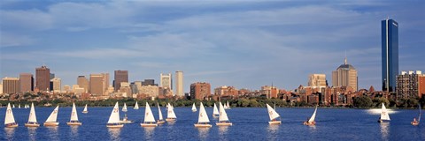 Framed View of boats on a river by a city, Charles River,  Boston Print