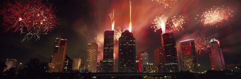 Framed Fireworks over buildings in a city, Houston, Texas Print