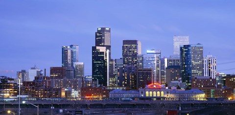 Framed Buildings lit up at dusk, Denver, Colorado Print