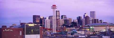 Framed Building lit up at dusk, Denver, Colorado, USA Print