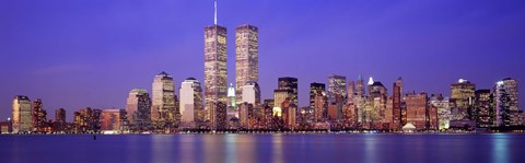 Framed Buildings at the waterfront lit up at dusk, World Trade Center, Wall Street, Manhattan, New York City, New York State, USA Print