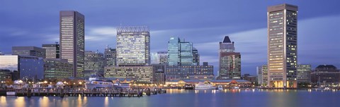 Framed Panoramic View Of An Urban Skyline At Twilight, Baltimore, Maryland, USA Print