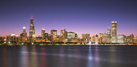 Framed Skyscrapers lit up at night at the waterfront, Lake Michigan, Chicago, Cook County, Illinois, USA Print