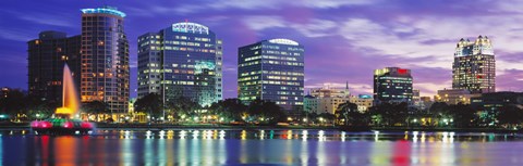 Framed Panoramic View Of An Urban Skyline At Night, Orlando, Florida, USA Print
