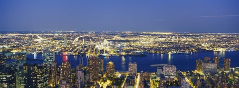 Framed Aerial View Of Buildings Lit Up At Dusk, Manhattan Print