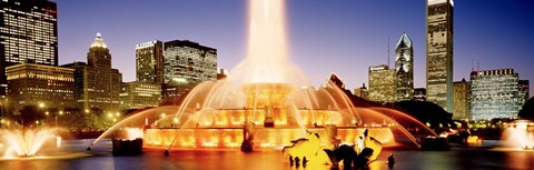 Framed Fountain lit up at dusk, Buckingham Fountain, Chicago, Illinois, USA Print