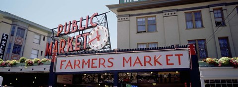 Framed Low angle view of buildings in a market, Pike Place Market, Seattle, Washington State, USA Print