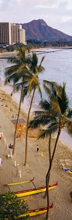 Framed High angle view of tourists on the beach, Waikiki Beach, Honolulu, Oahu, Hawaii, USA Print