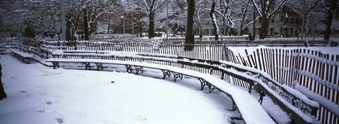 Framed Snowcapped benches in a park, Washington Square Park, New York City Print