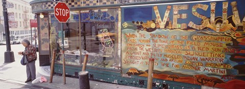 Framed USA, California, San Francisco, Little Italy, Senior man standing outside a bar Print