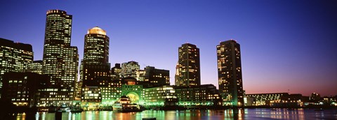 Framed Skyscrapers at the waterfront lit up at night, Boston, Massachusetts, USA Print