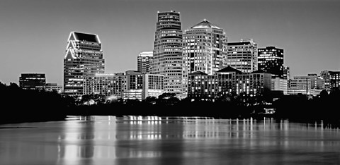 Framed USA, Texas, Austin, Panoramic view of a city skyline (Black And White) Print