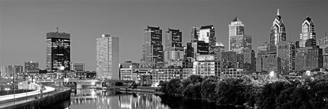 Framed Philadelphia, Pennsylvania Skyline at Night (black and white) Print