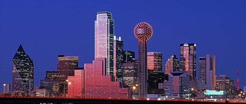 Framed USA, Texas, Dallas, Panoramic view of an urban skyline at night Print