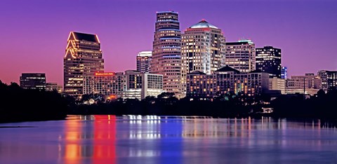 Framed USA, Texas, Austin, View of an urban skyline at night Print