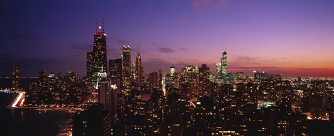 Framed Buildings lit up at dusk, Chicago, Illinois, USA Print
