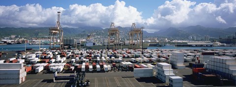 Framed Containers And Cranes At A Harbor, Honolulu Harbor, Hawaii, USA Print
