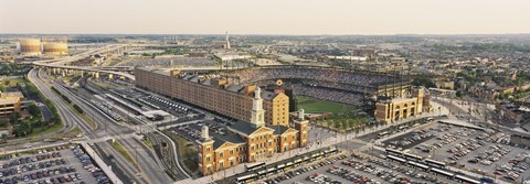 Framed Aerial view of a baseball stadium in a city, Oriole Park at Camden Yards, Baltimore, Maryland, USA Print