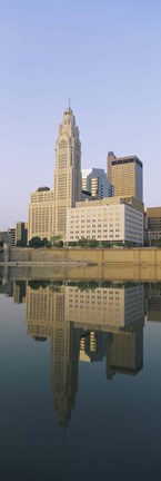 Framed Reflection of buildings in a river, Scioto River, Columbus, Ohio, USA Print