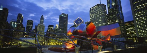 Framed Low angle view of buildings lit up at night, Millennium Park, Chicago, Illinois, USA Print