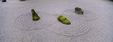 Framed High angle view of moss on three stones in a Zen garden, Washington Park, Portland, Oregon, USA Print