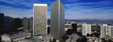 Framed High angle view of a city, San Gabriel Mountains, Hollywood Hills, Century City, City of Los Angeles, California, USA Print
