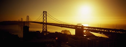 Framed High angle view of a suspension bridge at sunset, Bay Bridge, San Francisco, California, USA Print