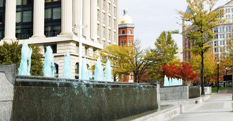 Framed Fountains in front of a memorial, US Navy Memorial, Washington DC, USA Print