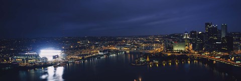 Framed High angle view of buildings lit up at night, Heinz Field, Pittsburgh, Allegheny county, Pennsylvania, USA Print