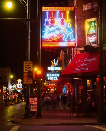 Framed Neon sign lit up at night in a city, Rum Boogie Cafe, Beale Street, Memphis, Shelby County, Tennessee, USA Print