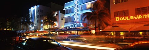 Framed Buildings at the roadside, Ocean Drive, South Beach, Miami Beach, Florida Print